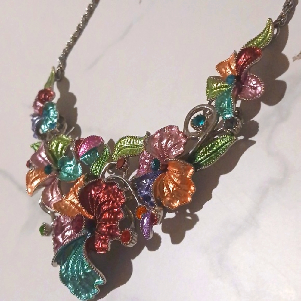 Ornate Colorful Garden Floral Bib Necklace Layered